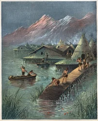 Pueblo lacustre, Ciudad lacustre prehistórica (Village bati sur stilotis) (El palafito, Palafitta) Grabado de 1892.