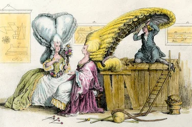 Grandes peinados excéntricos: jóvenes de la nobleza peinadas con una peluca. Grabado de 1788. Colección privada