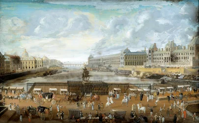 Le Pont Neuf visto desde la entrada a Place Dauphine, el Quai Malaquais con el Colegio de Cuatro Naciones y la Gran Galería y el Louvre Pintura anónima. 1669. París, Museo Carnavalet