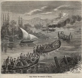 El bagne de Toulon - una cadena descendiendo el Ródano - Grabado en “Histoire des bagnes depuis leur création à nos jours” (1877) por Pierre Zaccone (1817-1895)