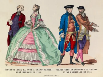 Izquierda: Elegante con un gran vestido de cesta, abate mundano en 1760 / Derecha: Jóvenes en traje de caza y paseo en 1760 (reinado del rey Luis XV) - colección privada