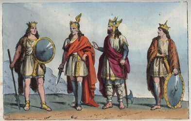 Los merovingios - dinastía merovingia - Faramundo o Faramund - Clodión (Clodius, Clodion, Cloio o Chlogio), Clodión el Cabelludo (ca. 390-ca. 450) - Meroveo (Mérovée o Merowig, ca. 412-457) y Clodoveo (ca. 466-511) - grabado de «Usi e Costumi di»