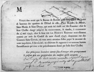 Carta de la Oficina de Ingresos sobre el pago de impuestos fechada en abril de 1747