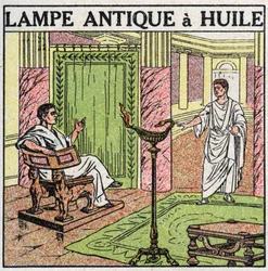 Fuentes de luz: lámpara de aceite utilizada en la Antigüedad. Ilustración anónima de 1925. Colección privada.
