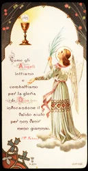 Como los ángeles luchamos y luchamos por la gloria de Dios Imagen piadosa con un cáliz y una hostia en la que vemos el monograma de Jesucristo, JHS. Siglo XX. Colección privada
