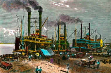 Cargando algodón en barcos de vapor en el Mississippi para Nueva Orleans. Grabado del siglo XIX. Colección privada