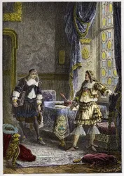 Luis XIV despidiendo al Superintendente de Finanzas, Nicolas Fouquet - grabado de "L