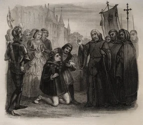 Luis XI (1423-1483) pidiendo su curación a Francisco de Paula (1416-1507) Grabado de 1846 en “Lives of the saints”. Colección privada.