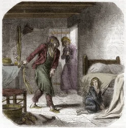 Luis XVII (1785-1795) en el Templo, con su carcelero el zapatero Antoine Simon - Grabado en “Histoire des Girondins” de Alphonse de Lamartine (1790-1869) 1865-1866 - Colección privada