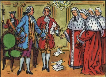 Luis XV (1710-1774), rey de Francia, derriba las decisiones del parlamento. Ilustración anónima en “Collection des souverains et chefs d
