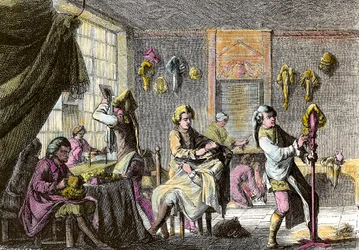 Moda de Luis XV: vista del interior de una peluquería de pelucas. Grabado alrededor de 1755. Colección privada