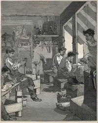 Fabricación de peines en un taller en Francia en el siglo XIX. Grabado de 1885 en 