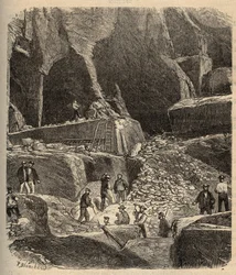 Canteras de mármol de Saint-Genies (Saint Genies) - Dordoña - grabado en “PATRIE” - DESCRIPCIÓN PINTUREQUIREQUE DE LA FRANCIA EN 6 VOLÚMENES POR LUCIEN HUARD - finales del siglo XIX