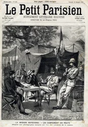 Campamento de la Misión Marchand: Jean-Baptiste Marchand (1863-1934), el Capitán Baratier a su izquierda y el Teniente Victor Emmanuel Largeau (1867-1916) y el Capitán Germain a su derecha. En "Le Peute Parisien" el 26/12/1897. Colección privada
