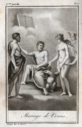Matrimonio entre Marte y Venus. Grabado de 1819 en "Lettres a Emilie sur la mythologie" de Charles Albert Demoustier (1760-1801). Colección privada.