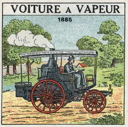 Tracción mecánica: coche de vapor del Marqués Albert de Dion (1856-1946) en 1885. Ilustración anónima de 1925. Colección privada.