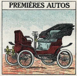 Tracción mecánica: los primeros automóviles de gasolina inventados en 1895 por Panhard y Levassor. Ilustración anónima de 1925. Colección privada.