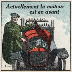 Tracción mecánica: el motor de los años 1920 está adelantado. Ilustración anónima de 1925. Colección privada.