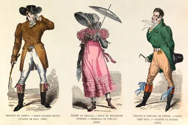 Trajes de hombres y mujeres entre 1810 y 1812 en París (reinado del emperador Napoleón I) - colección privada