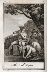 Mercurio y Argos. Muerte de Argos: Mercurio tocó la flauta para dormir a Argos y liberar a la ninfa Io, transformada en vaca. Grabado de 1819 en “Lettres a Emilie sur la mythologie” de Charles Albert Demoustier (1760-1801).