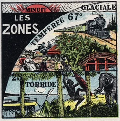 Meteorología: distribución del calor en la tierra y diferentes climas (zonas cálidas, templadas, polares). Ilustración anónima de 1925. Colección privada.