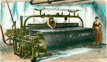 Telar para tejido mecánico en una gran fábrica. Grabado alrededor de 1860