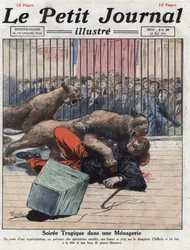 Hechos diversos: un accidente durante un espectáculo en una menagerie, una leona hiere gravemente al domador. Ilustración tomada de “Le petit journal” del 15/05/1921. Colección privada
