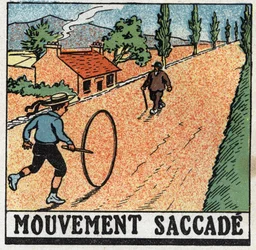 Movimientos: movimiento brusco. Un niño jugando con un aro. Ilustración anónima de 1925. Colección privada.