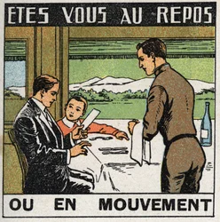 Movimientos: escena en el restaurante de un tren donde los pasajeros no se mueven mientras el tren avanza. Ilustración anónima de 1925. Colección privada.
