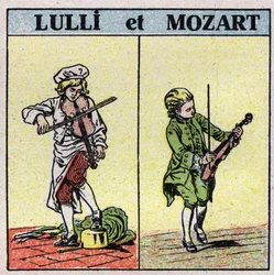 Instrumentos musicales: instrumentos de cuerda frotada. Jean Baptiste Lully (Giovanni Battista Lulli) (1632-1687) y Wolfgang Amadeus Mozart (1756-1791) tocando el violín. Ilustración anónima de 1925. Colección privada.