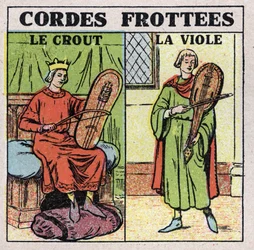 Instrumentos musicales: instrumentos de cuerda frotada. Jugadores de crout y rapes en la Edad Media. Ilustración anónima de 1925. Colección privada.
