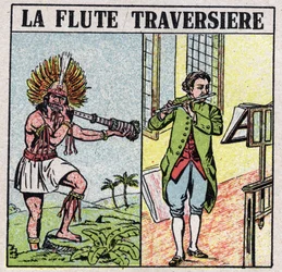Instrumentos musicales: instrumentos de viento. Flautistas de flauta transversal, en la época de los incas y en una era más reciente. Ilustración anónima de 1925. Colección privada.