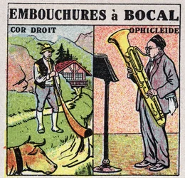 Instrumentos musicales: instrumentos de viento con boca de jarra. Jugadores de cuerno recto y oficleido. Ilustración anónima de 1925. Colección privada.