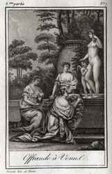 Ofrenda a Venus. Pequeños amores (angelitos) se reúnen para rendir homenaje a la diosa Afrodita. Grabado de 1819 en “Cartas a Emilie sobre la mitología” por Charles Albert Demoustier (1760-1801). Colección privada.