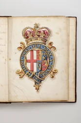 Orden de la Jarretera: Libro de Estatutos que perteneció a Charles Fitzroy, Duque de Grafton - Armas reales de los Hannoverianos desde 1714 hasta 1801 (Manuscrito en acuarela, principios del siglo XVIII)