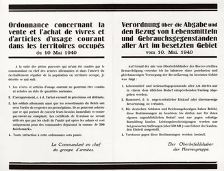 Ordenanza sobre la venta y compra de alimentos y artículos de uso común en los territorios ocupados - cartel bilingüe franco-alemán