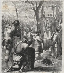 Otto I, Emperador del Sacro Imperio Romano recibe la comunión antes de la Batalla de Lechfeld (955) - grabado de 1864