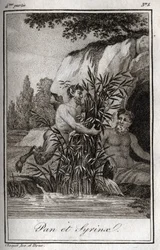 Pan y la ninfa Syrinx transformada en juncos (Pan y Ninfa Syrinx). Grabado de 1819 en “Cartas a Emilie sobre la mitología” de Charles Albert Demoustier (1760-1801). Colección privada.