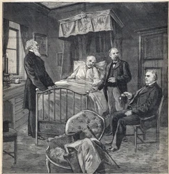 Escándalo de Panamá: La cámara de Cornelius Herz (1845-1898) médico y empresario franco-estadounidense en Bournemouth: visita del Dr. Jean Martin Charcot (1825-1893), médico clínico y neurólogo, y Paul Brouardel (1837-1906) - Grabado en