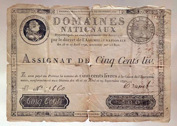 Papel emitido durante la Revolución francesa: un asignado de 500 libras de 1790. Colección privada