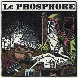 Fosforescencia: fósforo. Un alquimista buscando la piedra filosofal en su laboratorio. Ilustración anónima de 1925. Colección privada.