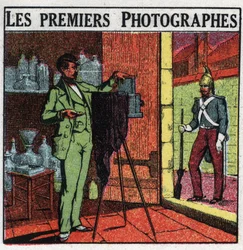 Fotografía: los primeros fotógrafos del siglo XIX. Fotógrafo retratando a un soldado en su estudio. Ilustración anónima de 1925. Colección privada.