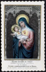 Imagen piadosa: Jesús niño en los brazos de su madre María, con el Sagrado Corazón