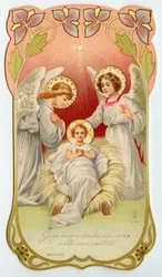 Imagen piadosa: Natividad de Jesús con Dos Ángeles (cromolitografía)
