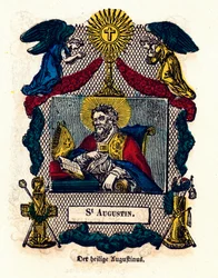 Imagen piadosa: San Agustín (Agustín de Hipona (354 - 430), obispo y doctor de la Iglesia, autor de la Regla de San Agustín y Confesiones). Grabado del siglo XIX colección privada