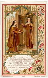 Santa Teresa de Jesús recibe ayuda y pan de las Clarisas Pobres (cromolitografía)