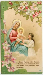 Imagen piadosa: Virgen con niño, una niña piadosa toma a Jesús en sus brazos (cromolitografía)