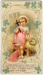 Imagen piadosa: un niño sosteniendo la cruz y la corona de espinas, para compartir el dolor de Jesús (grabado)