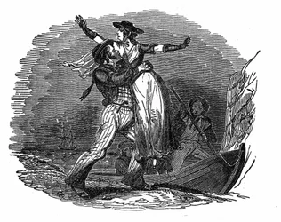 El pirata Charles Gibbs toma a una chica holandesa de su barco (principios del siglo XIX). Grabado de 