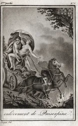 Plutón (Hades) lleva a Perséfone (Proserpina) frente a su madre, Ceres (Deméter), y la lleva al reino del inframundo. Plutón se lleva a Perséfone a su reino, el inframundo, en la mitología griega. Grabado de 1819 en 